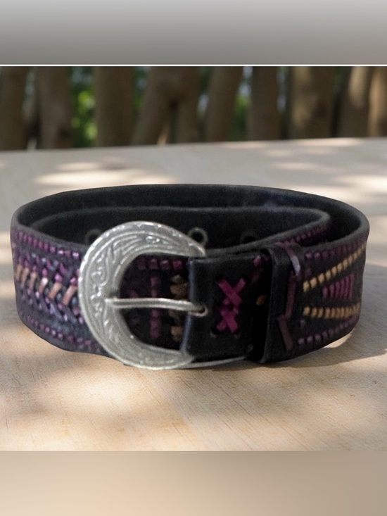 Western Boho Handmade Leather Belt Black Multicolor Woven design Size 34.75x1.45